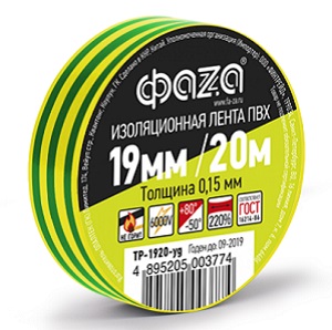 Изображение товара Изолента ПВХ желто-зеленая полосатая 19х20м TP-1920-yg ФАZА