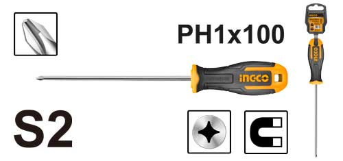 Отвертка крестовая PH1*100мм S2 INGCO INDUSTRIAL HS68PH1100