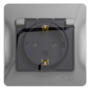 Изображение товара Розетка одинарная GLOSSA скрытой установки IP44 с заземлением со шторками 16А с крышкой в сборе алюминий GSL000348 Systeme Electric