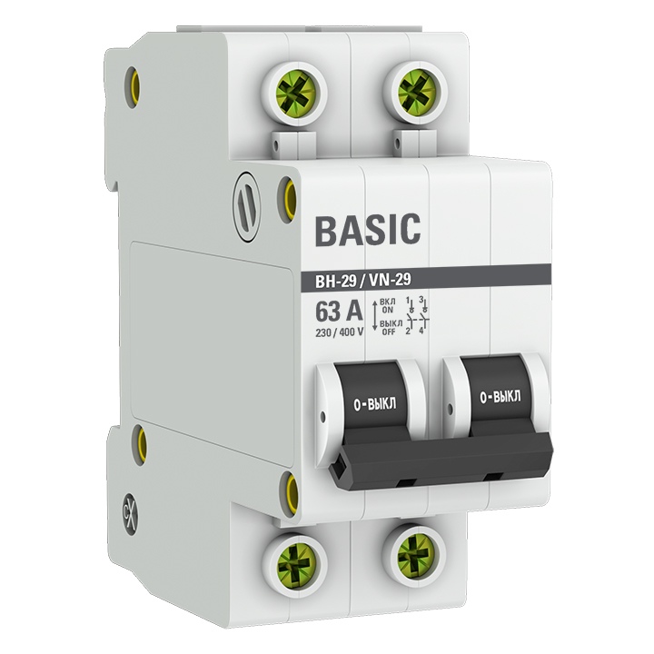 Выключатель нагрузки ВН-29 2П 63А 400В на DIN-рейку Basic (SL29-2-63-bas) EKF Выключатель нагрузки ВН-29 2П 63А 400В на DIN-рейку Basic (SL29-2-63-bas) EKF