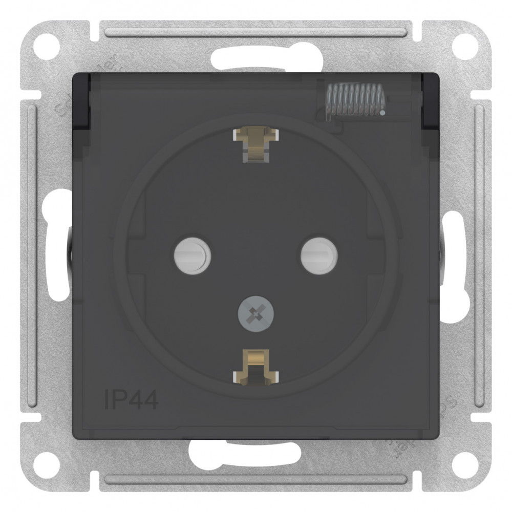 Розетка Atlasdesign скрытой установки IP44 с заземлением со шторками с крышкой 16А механизм AQUA IP44 карбон ATN441046 Systeme Electric