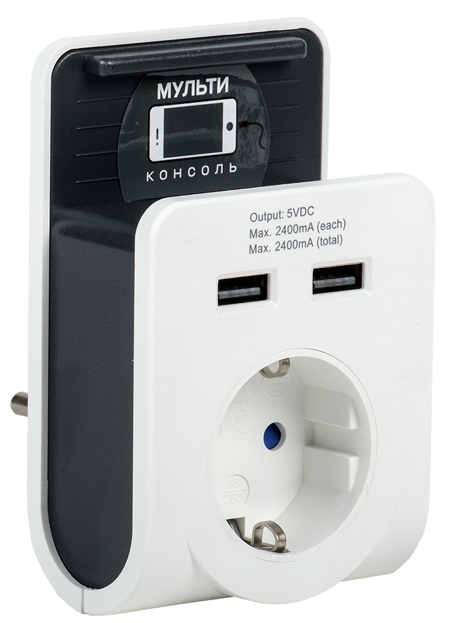 Адаптер Т-02/01 1 место 2P+PE 16А 2хUSB 2,4А белый IEK