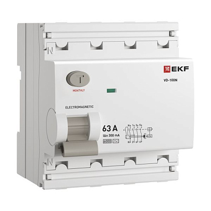 Изображение товара Выключатель дифференциального тока ВД-100N 4P 63А 300мА тип AC эл-мех 6кА PROXIMA E1046M63300 EKF