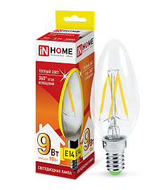 Лампа светодиодная LED-свеча-deco 9Вт 230В E14 3000К 810Лм прозрачная 4690612026183 IN HOME