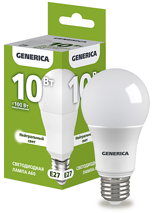 Изображение товара Лампа светодиодная A60 груша 10Вт 230В 4000К E27 GENERICA