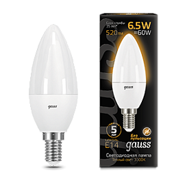Лампа светодиодная 6,5 Вт E14 C37 3000K 520Лм LED Свеча 103101107 GAUSS