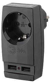 Адаптер "Polynom" 1 гнездо, 220V + 2xUSB 2100mA, c заземлением (черный) SP-1e-USB-B, Б0026333 ЭРА