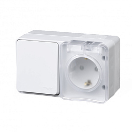 Блок AtlasDesign Profi54 открытой установки выключатель одноклавишный 10А + Розетка Schuko 2P+E с заземлением 16А белый IP54  ATN540170 Systeme Electric