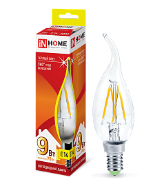 Лампа светодиодная LED-свеча на ветру-deco 9Вт 230В E14 3000К 810Лм прозрачная 4690612026220 IN HOME