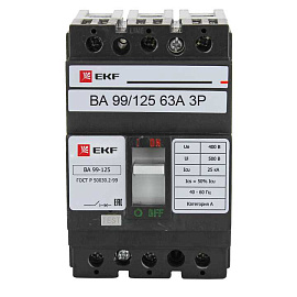 Выключатель автоматический 63А 3П трехполюсный ВА-99 25кА тип AC IP30 PROxima mccb99-125-63 EKF