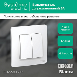 Выключатель двухклавишный BLANCA скрытой установки 6А 250В (cх.5) механизм с накл белый BLNVS006501 Systeme Electric