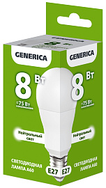 Лампа светодиодная A60 груша 8Вт 230В 4000К E27 GENERICA