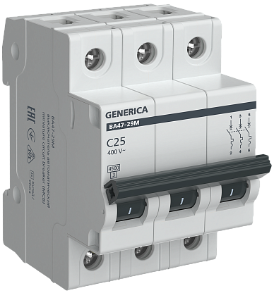 Изображение товара Выключатель автоматический 25А 3П, серия ВА47-29М, GENERICA MVA21-3-025-C-G