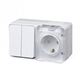 Блок AtlasDesign Profi54 открытой установки выключатель двухклавишный 10А + Розетка Schuko 2P+E с заземлением 16А белый IP54 ATN540174 Systeme Electric