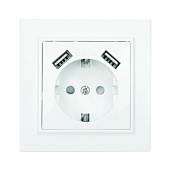 Розетка одинарная с 2 USB Минск скрытой установки с заземлением 16А+2,1А+2,1А со шторками в сборе белый ERR16-028-100-2 USB EKF