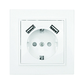 Розетка одинарная с 2 USB Минск скрытой установки с заземлением 16А+2,1А+2,1А со шторками в сборе белый ERR16-028-100-2 USB EKF