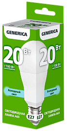 Лампа светодиодная A60 груша 20Вт 230В 6500К E27 GENERICA