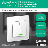 Выключатель двухклавишный BLANCA скрытой установки 6А 250В с подсветкой (сх.5а) механизм с накл белый BLNVS006511 Systeme Electric