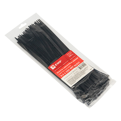 Изображение товара Стяжка кабельная черная 3,6х250 мм EKF 100 шт надежное крепление проводов