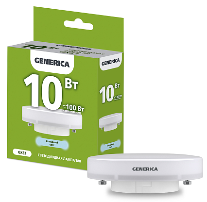 Изображение товара Лампа светодиодная T80 таблетка 10Вт 230В 6500К GX53 GENERICA
