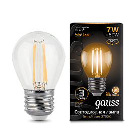 Лампа светодиодная 7 Вт E27 G45 2700K 550Лм LED Шарообразная Filament филаментная 105802107 GAUSS