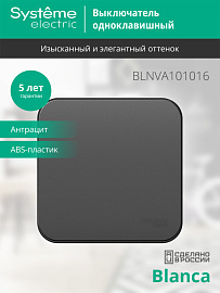 Выключатель одноклавишный BLANCA открытой установки 10А 250В (cх.1) с изолирующей пластиной в сборе антрацит BLNVA101016 Systeme Electric