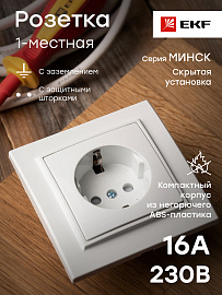 Розетка одинарная Минск скрытой установки с заземлением со шторками 16А в сборе белый ERR16-028-100 EKF
