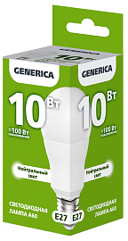 Лампа светодиодная A60 груша 10Вт 230В 4000К E27 GENERICA