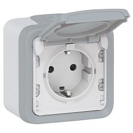 Розетка одинарная Plexo открытой установки Schuko 2К+3 с заземлением 16A с крышкой 250В с винтовыми зажимами серый 069733 Legrand