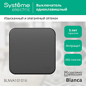 Выключатель одноклавишный BLANCA открытой установки 10А 250В (cх.1) с изолирующей пластиной в сборе антрацит BLNVA101016 Systeme Electric