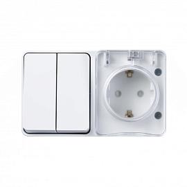 Блок AtlasDesign Profi54 открытой установки выключатель двухклавишный 10А + Розетка Schuko 2P+E с заземлением 16А белый IP54 ATN540174 Systeme Electric