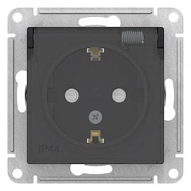 Розетка Atlasdesign скрытой установки IP44 с заземлением со шторками с крышкой 16А механизм AQUA IP44 карбон ATN441046 Systeme Electric
