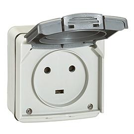 Розетка одинарная Plexo открытой установки 2К+З с заземлением 20А с крышкой 230В IP55 IK08 с винтовыми зажимами серый 091655 Legrand