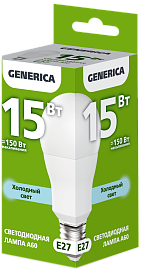 Лампа светодиодная A60 груша 15Вт 230В 6500К E27 GENERICA