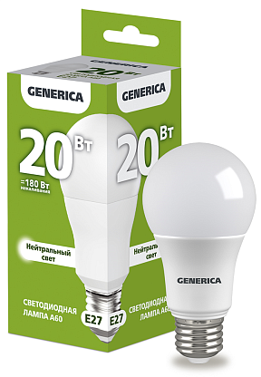 Изображение товара Лампа светодиодная A60 груша 20Вт 230В 4000К E27 GENERICA
