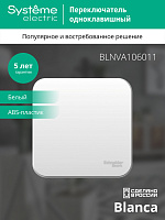Переключатель одноклавишный BLANCA открытой установки 10А 250В проходной (сх.6) с изолирующей пластиной в сборе белый BLNVA106011 Systeme Electric
