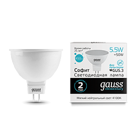 Лампа светодиодная 5,5 Вт GU5.3 MR16 4100K 450Лм LED Рефлектор Elementary 13526 GAUSS