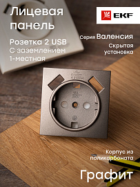 Лицевая панель для розетки одинарной с 2 USB Валенсия с заземлением 16А+2,1А+2,1А со шторками графит ESR16-L-028-60-2 USB EKF PROxima