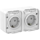 Розетка двойная AtlasDesign Profi54 открытой установки Schuko 2P+E с заземлением со шторками с крышкой 16А 250B белый IP54 ATN540126 Systeme Electric