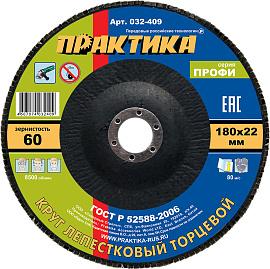 Круг лепестковый шлифовальный 180х22 мм Р60 серия Профи ПРАКТИКА 032-409
