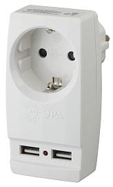 Адаптер "Polynom" 1 гнездо 220V + 2xUSB 2100mA, c заземлением (белый) SP-1e-USB-W, Б0026332 ЭРА