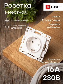 Розетка одинарная Стокгольм скрытой установки с заземлением со шторками 16А механизм белый EYR16-028-10 EKF PROxima