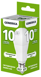 Лампа светодиодная A60 груша 10Вт 230В 4000К E27 GENERICA