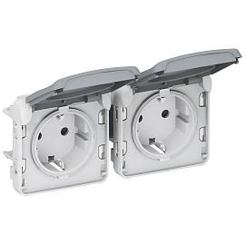Розетка двойная Plexo скрытой установки Schuko 2К+З с заземлением 16А с крышкой горизонтальная механизм серый 069576 Legrand