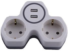 Разветвитель двухместный сетевой (+2 USB на 2.4А) с заземлением 16A 250В белый/серый ADP16-14-20 32872 STEKKER