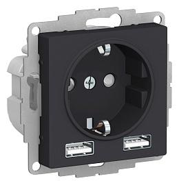 Розетка Atlasdesign скрытой установки 16А c 2 USB A+A, 5В/2,4А, 2х5В/1,2 А механизм карбон ATN001030 Systeme Electric