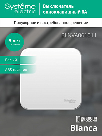 Выключатель одноклавишный BLANCA открытой установки 6А 250В (cх.1) с изолирующей пластиной в сборе белый BLNVA061011 Systeme Electric