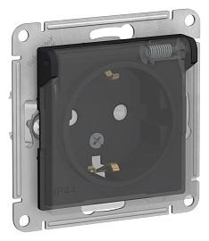 Розетка Atlasdesign скрытой установки IP44 с заземлением со шторками с крышкой 16А механизм AQUA IP44 карбон ATN441046 Systeme Electric
