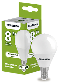Лампа светодиодная G45 шар 8Вт 230В 4000К E14 GENERICA