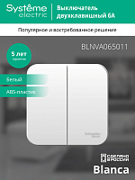 Выключатель двухклавишный BLANCA открытой установки 6А 250В (cх.5) с изолирующей пластиной в сборе белый BLNVA065011 Systeme Electric